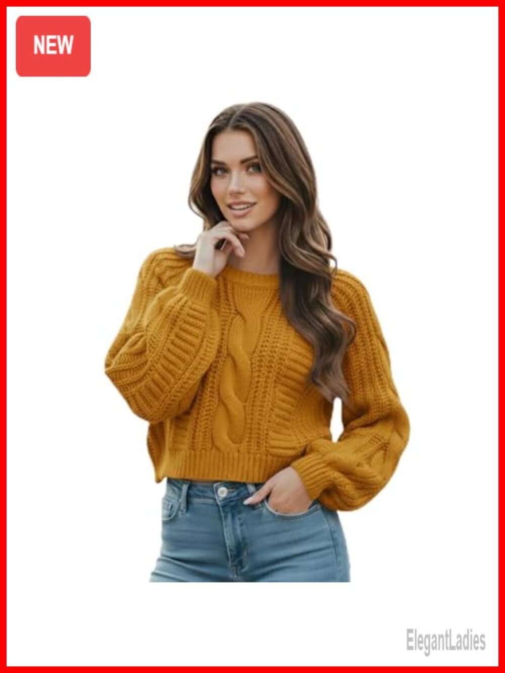 Cropped Cable Knit Sweater Soft Acrylic Long Sleeve Pullover Fall Winter